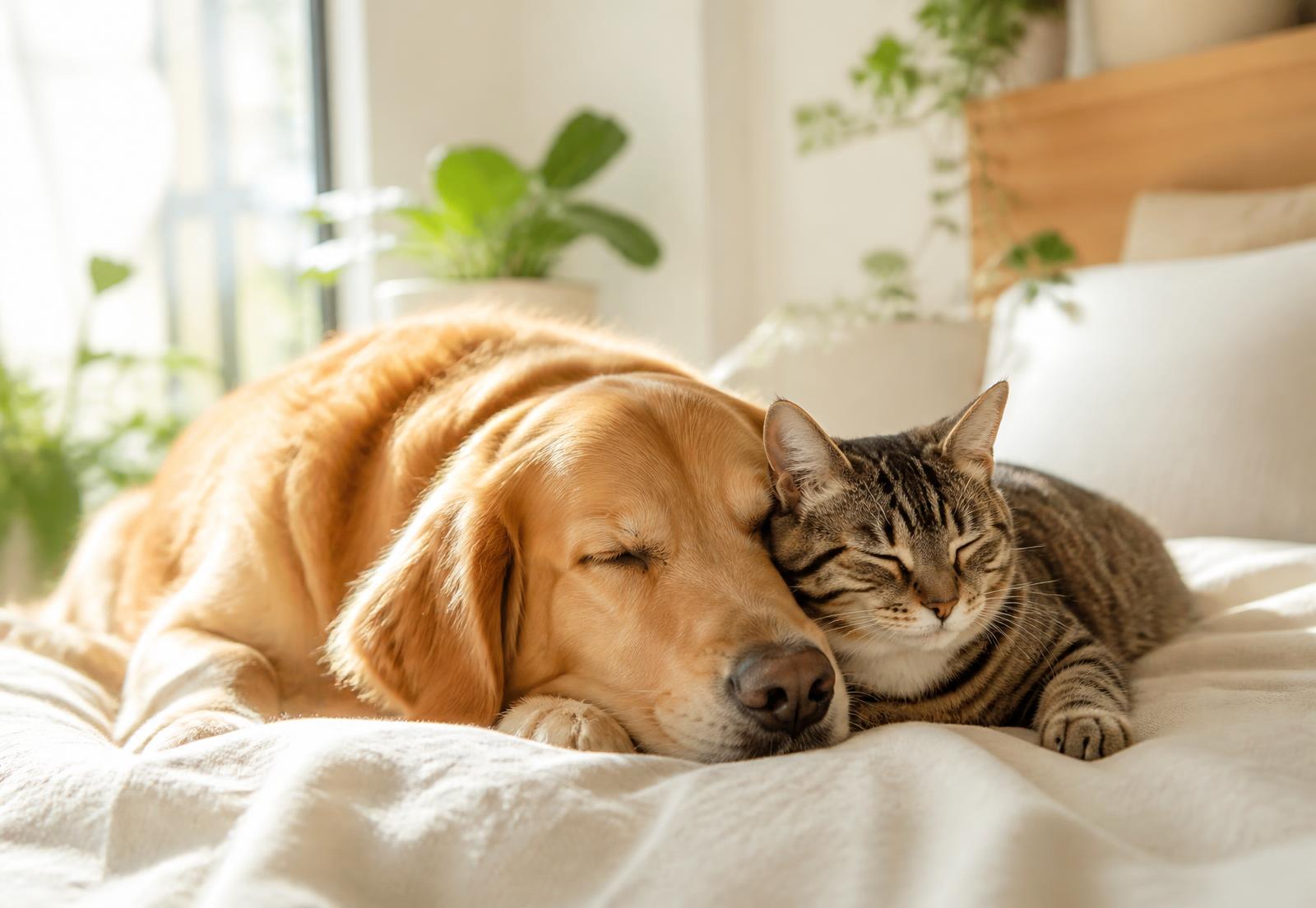 Hund und Katze schlafen entspannt auf einer sauberen Decke im hellen Wohnraum