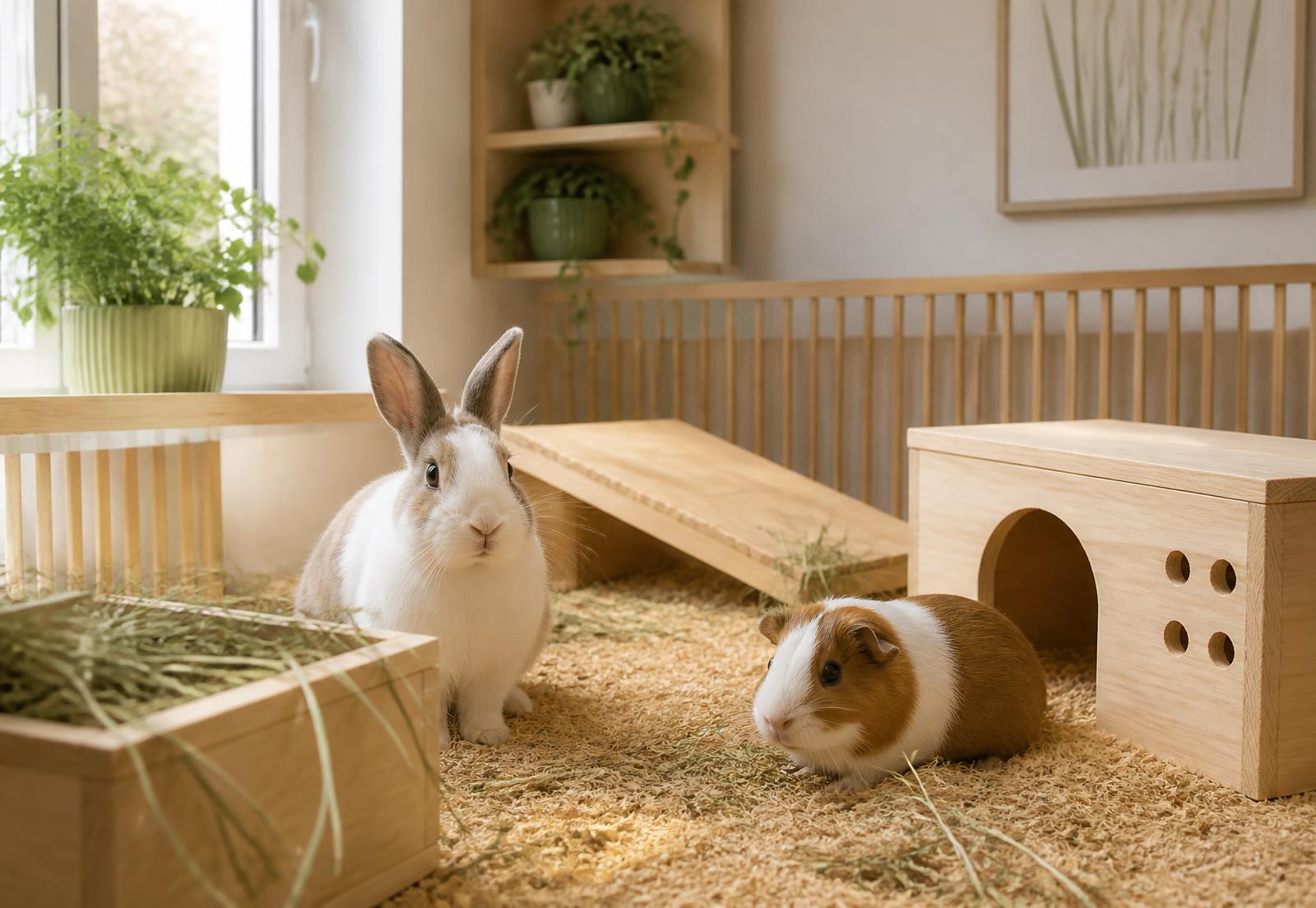 Kaninchen und Meerschweinchen in einem sauberen Innengehege