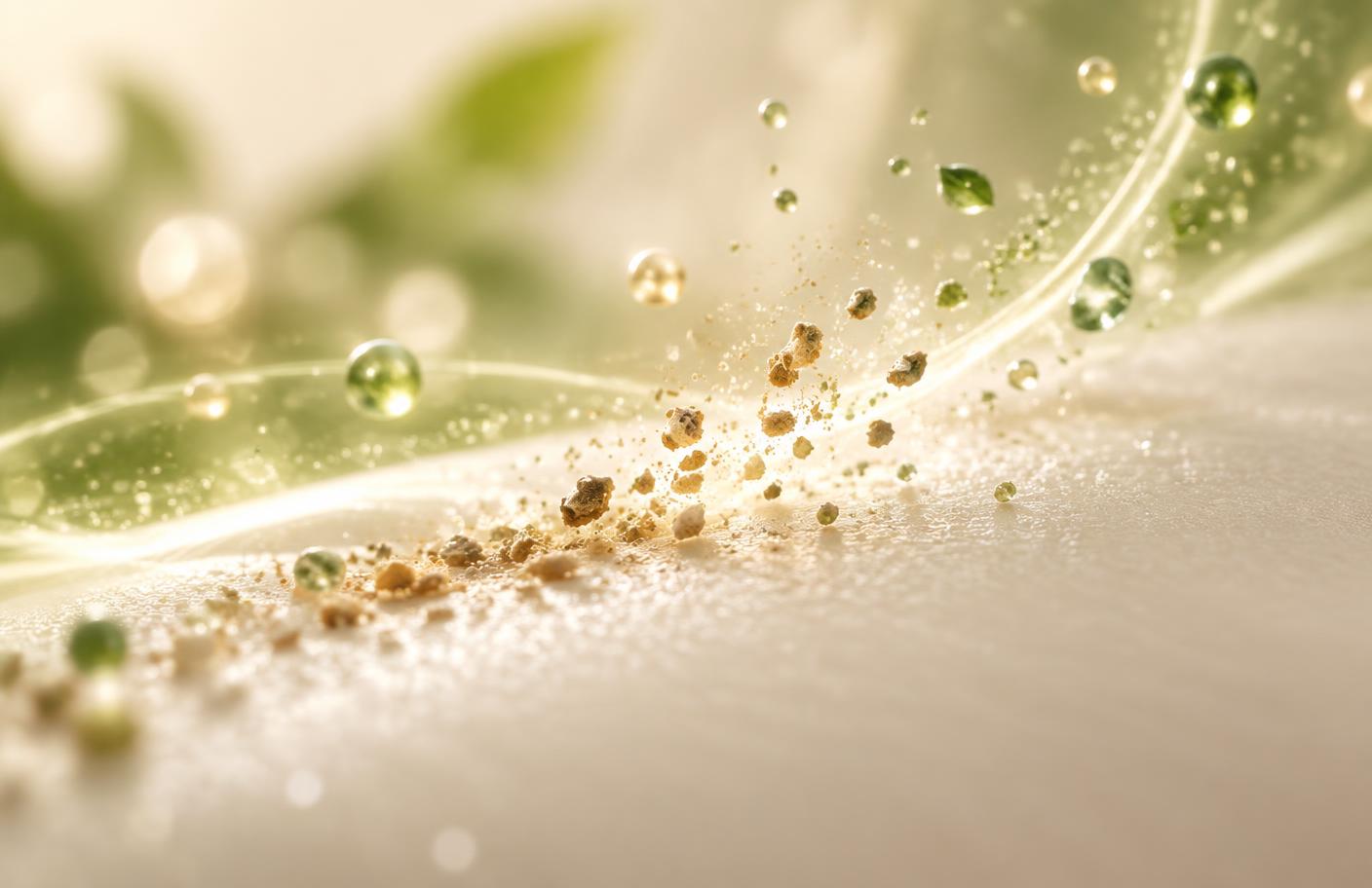 Clear illustration of active microorganisms breaking down organic residue on a clean surface