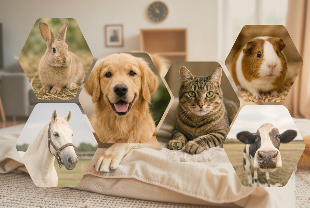 Dog, cat, rabbit, guinea pig, horse and cow in a friendly animal collage